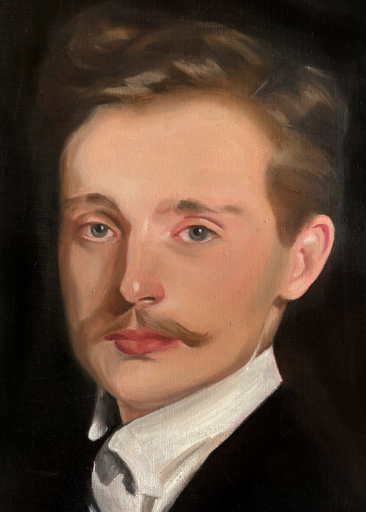 Portrait of a man with a mustache wearing a white shirt and dark jacket against a black background